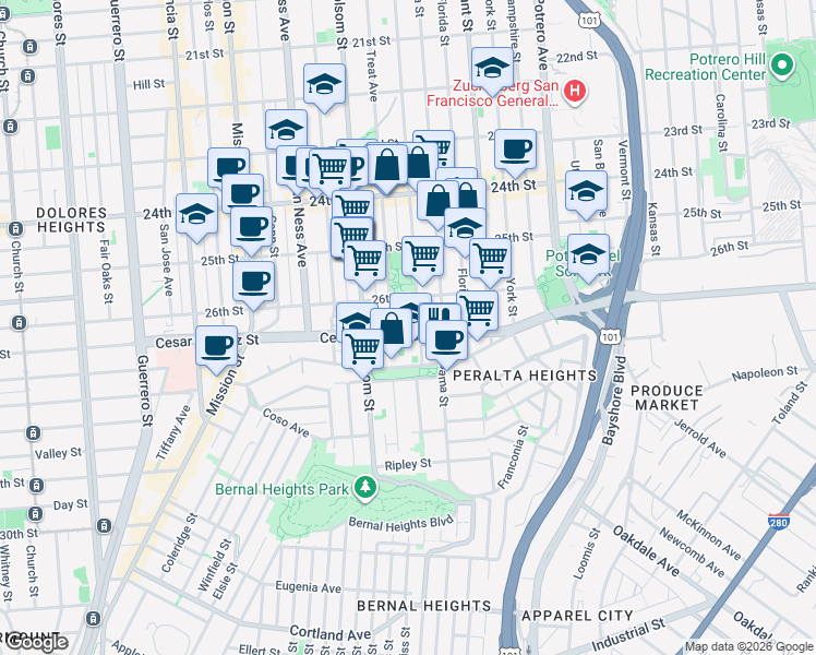 map of restaurants, bars, coffee shops, grocery stores, and more near 3128 Kamille Court in San Francisco
