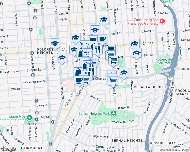 map of restaurants, bars, coffee shops, grocery stores, and more near 3353 26th Street in San Francisco
