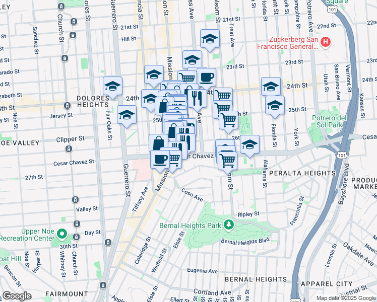 map of restaurants, bars, coffee shops, grocery stores, and more near 3353 26th Street in San Francisco