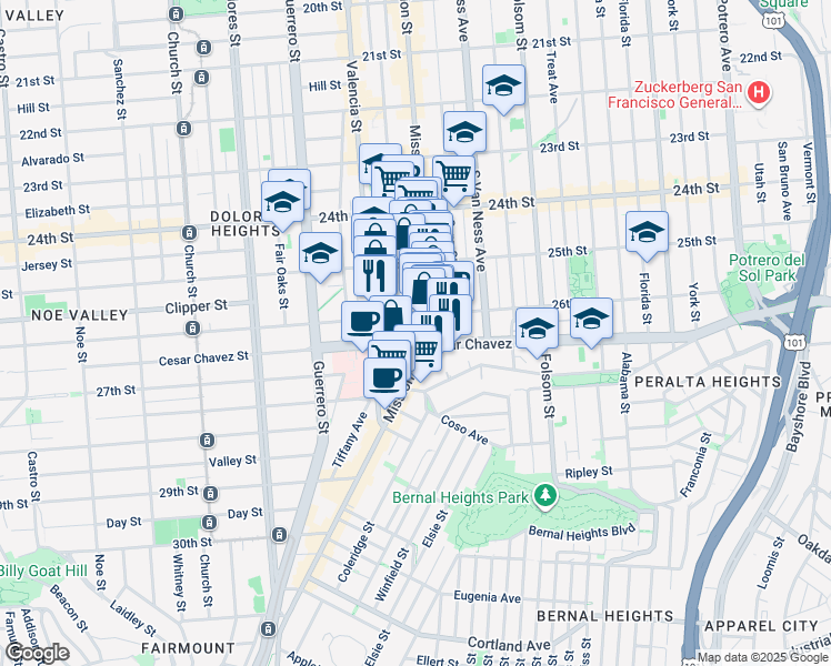 map of restaurants, bars, coffee shops, grocery stores, and more near in San Francisco