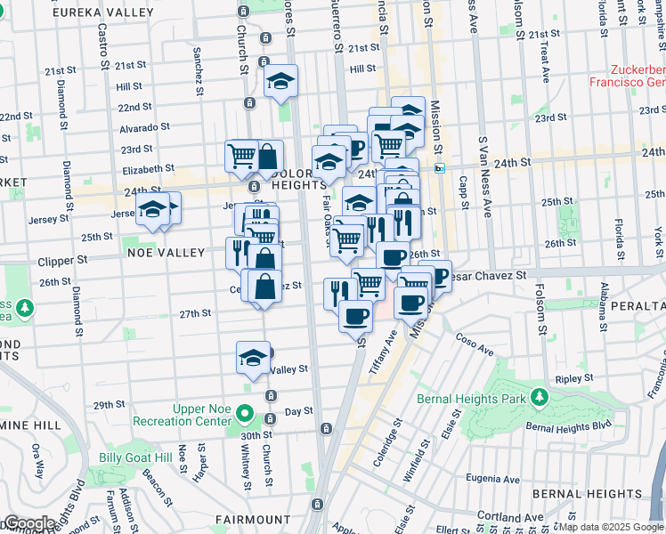 map of restaurants, bars, coffee shops, grocery stores, and more near 476 Fair Oaks Street in San Francisco