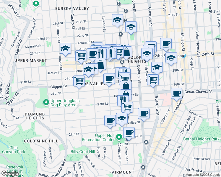 map of restaurants, bars, coffee shops, grocery stores, and more near 155 Clipper Street in San Francisco