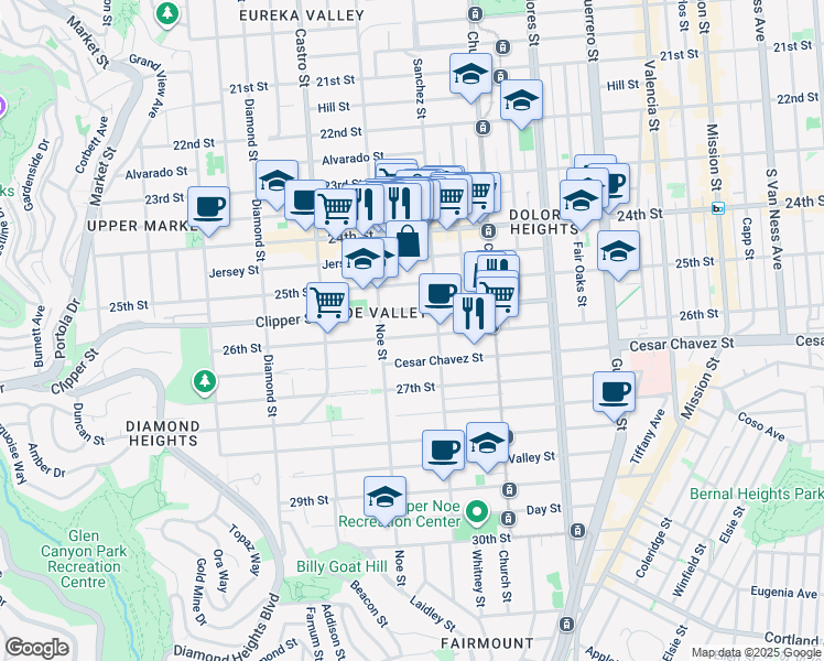 map of restaurants, bars, coffee shops, grocery stores, and more near 207 Clipper Street in San Francisco