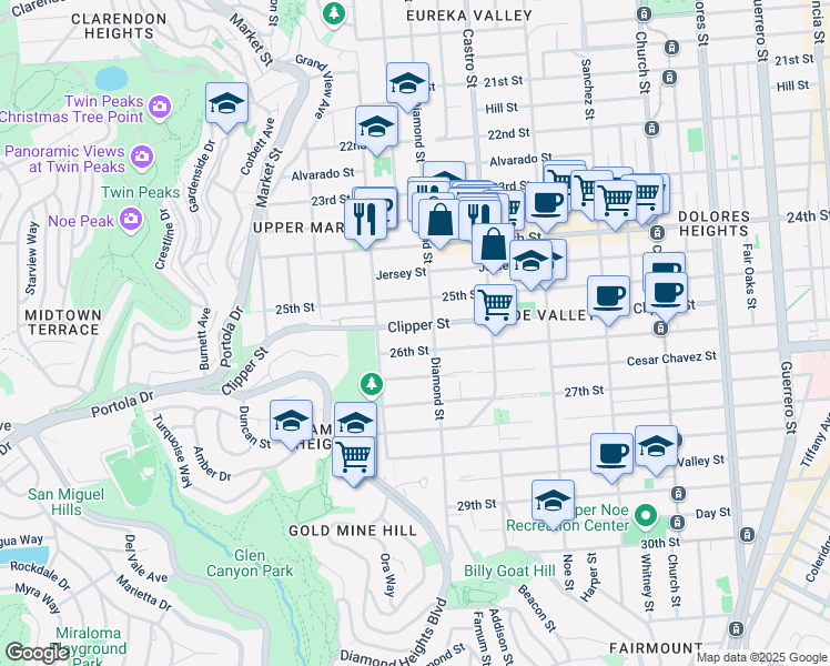 map of restaurants, bars, coffee shops, grocery stores, and more near 564 Clipper Street in San Francisco