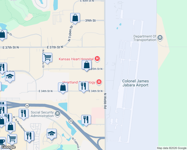 map of restaurants, bars, coffee shops, grocery stores, and more near 9333 E 35th St N in Wichita