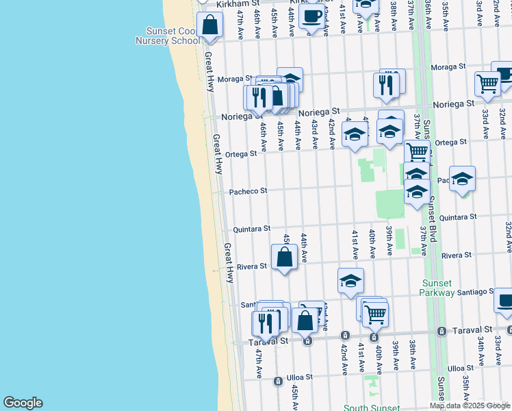 map of restaurants, bars, coffee shops, grocery stores, and more near 2007 47th Avenue in San Francisco