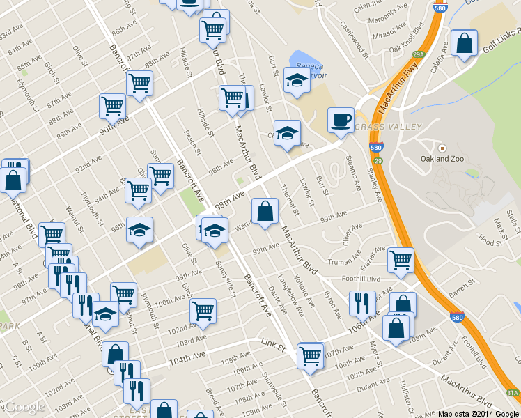 map of restaurants, bars, coffee shops, grocery stores, and more near 9840 Elmar Avenue in Oakland