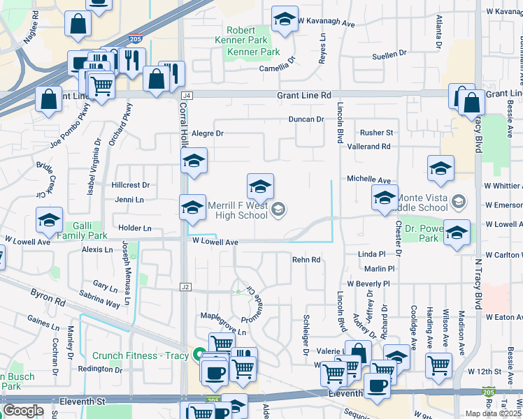 map of restaurants, bars, coffee shops, grocery stores, and more near 1775 West Lowell Avenue in Tracy