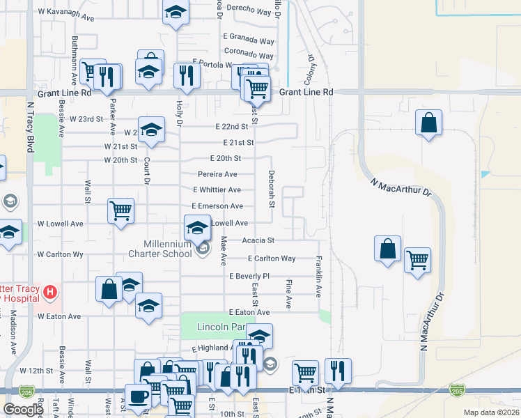 map of restaurants, bars, coffee shops, grocery stores, and more near 1712 East Street in Tracy