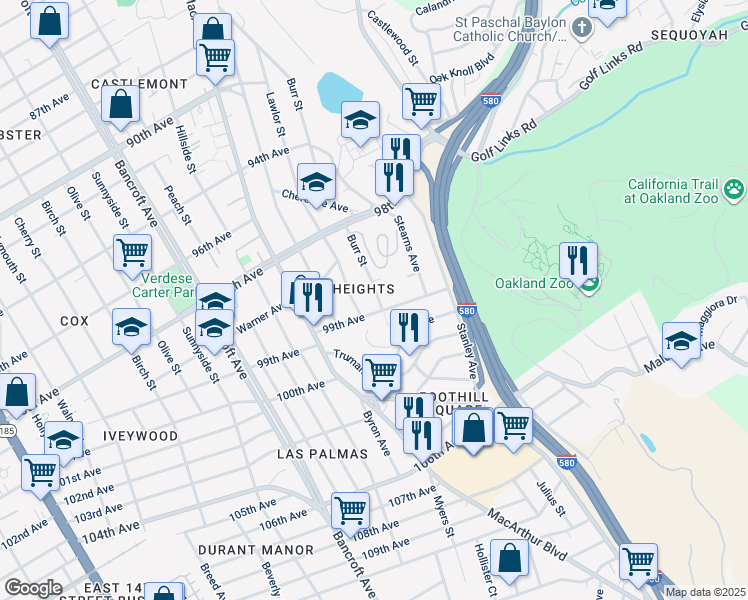 map of restaurants, bars, coffee shops, grocery stores, and more near 9889 Burr Street in Oakland