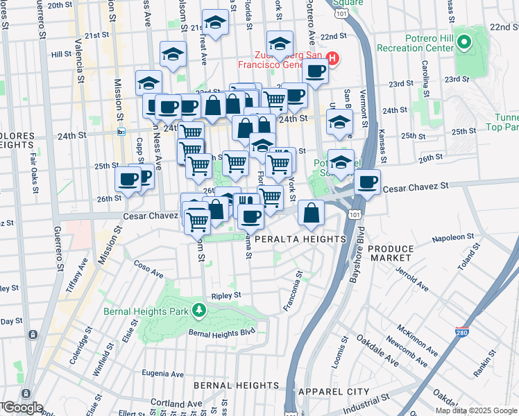 map of restaurants, bars, coffee shops, grocery stores, and more near 3008 Cesar Chavez Street in San Francisco