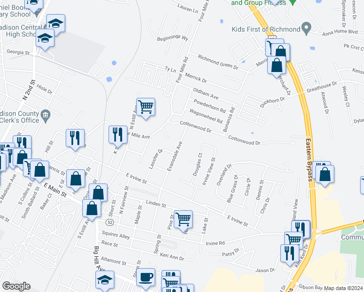 map of restaurants, bars, coffee shops, grocery stores, and more near 242 Evansdale Avenue in Richmond