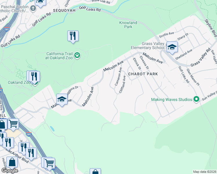 map of restaurants, bars, coffee shops, grocery stores, and more near 11021 Overmoor Street in Oakland