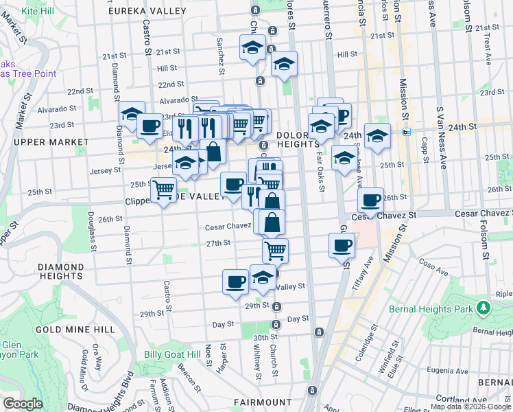 map of restaurants, bars, coffee shops, grocery stores, and more near 155 Clipper Street in San Francisco