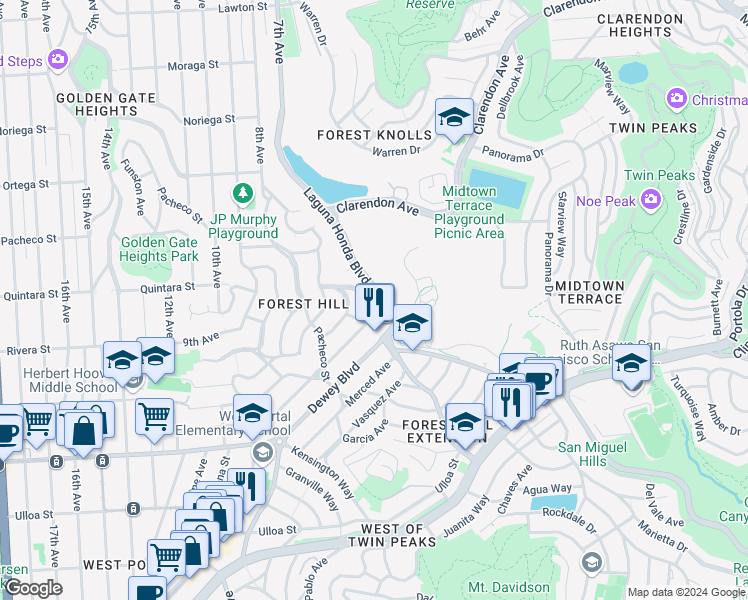 map of restaurants, bars, coffee shops, grocery stores, and more near 2 Plaza Street in San Francisco
