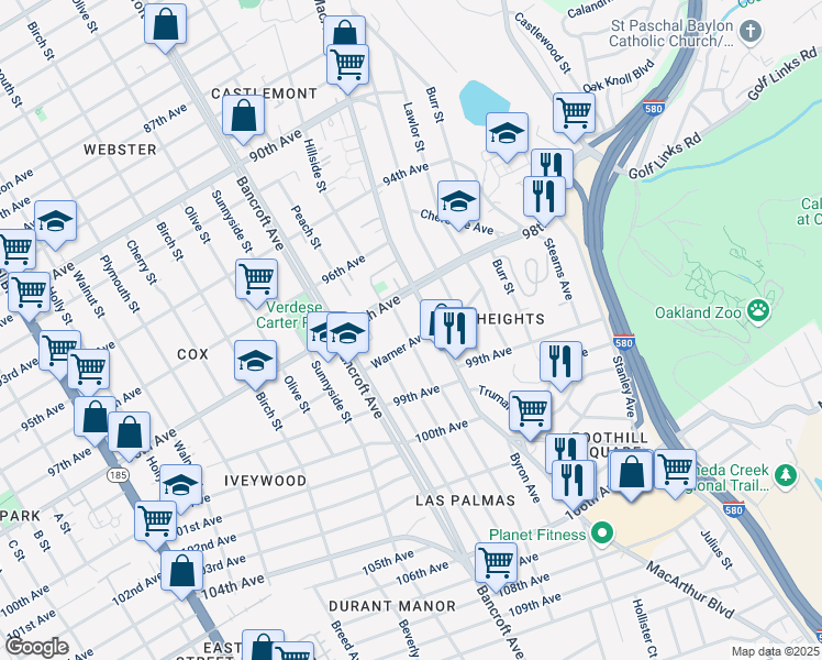 map of restaurants, bars, coffee shops, grocery stores, and more near 9829 MacArthur Boulevard in Oakland