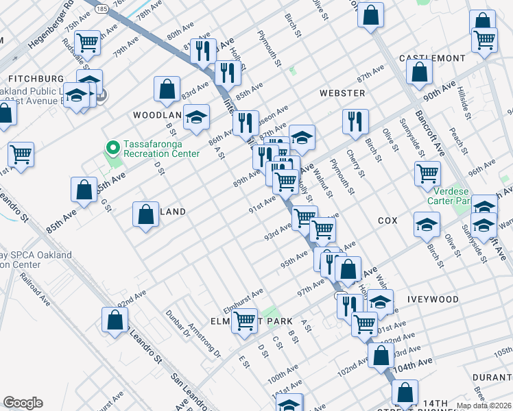 map of restaurants, bars, coffee shops, grocery stores, and more near 9028 A Street in Oakland