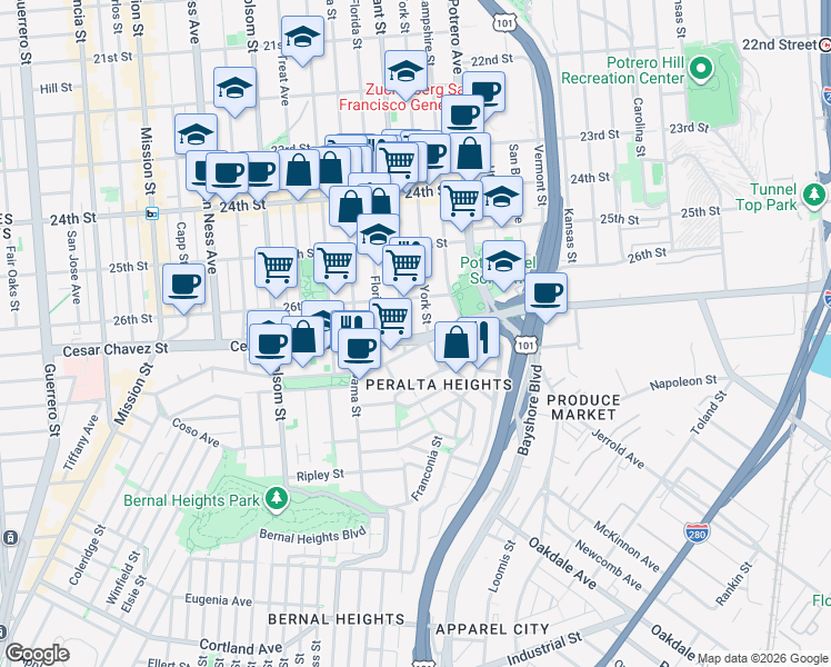 map of restaurants, bars, coffee shops, grocery stores, and more near 2924-2926 Cesar Chavez Street in San Francisco