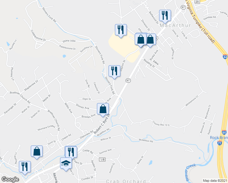 map of restaurants, bars, coffee shops, grocery stores, and more near 122 Stovers Fork Road in Beckley