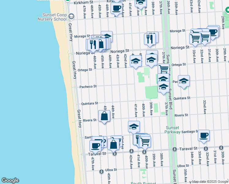 map of restaurants, bars, coffee shops, grocery stores, and more near 2015 43rd Avenue in San Francisco