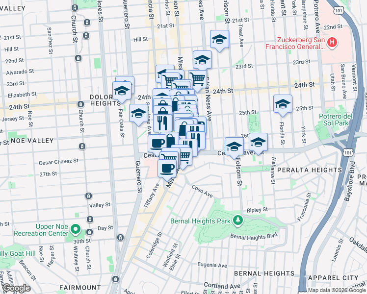 map of restaurants, bars, coffee shops, grocery stores, and more near in San Francisco