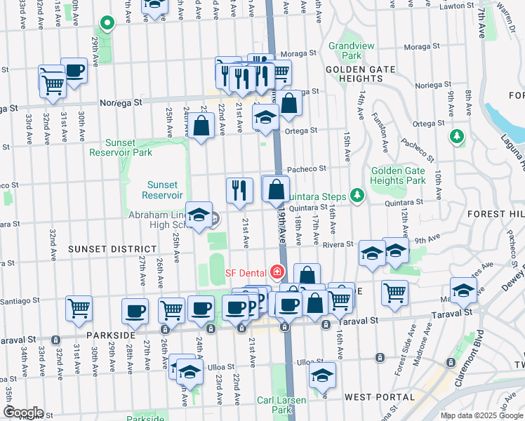 map of restaurants, bars, coffee shops, grocery stores, and more near 20th Avenue & Quintara Street in San Francisco