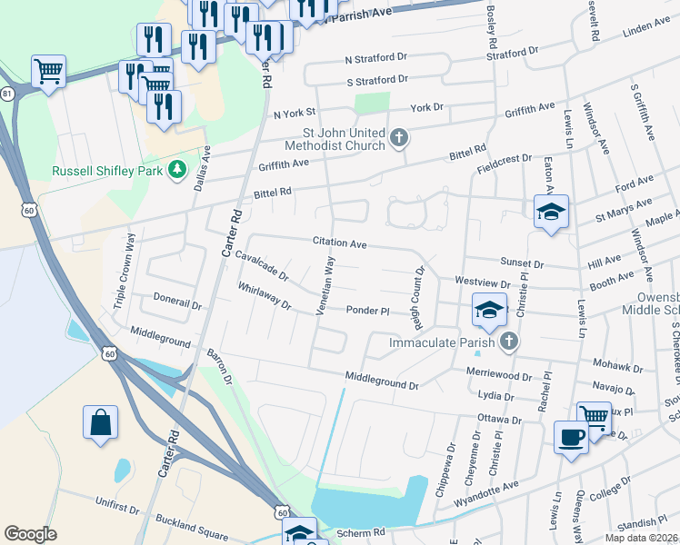 map of restaurants, bars, coffee shops, grocery stores, and more near 2215 Venetian Way in Owensboro