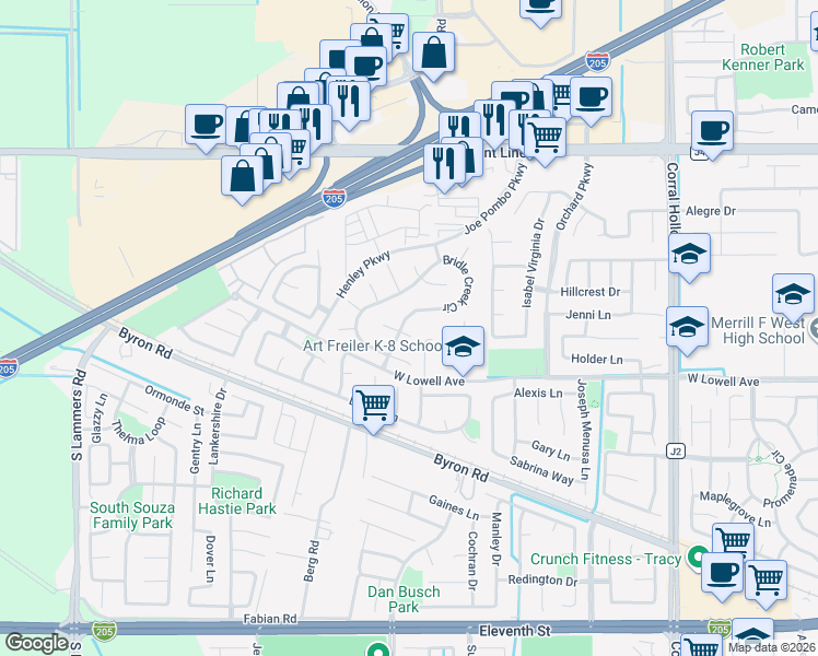 map of restaurants, bars, coffee shops, grocery stores, and more near 1851 Bridle Creek Circle in Tracy