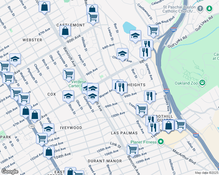 map of restaurants, bars, coffee shops, grocery stores, and more near 9829 MacArthur Boulevard in Oakland