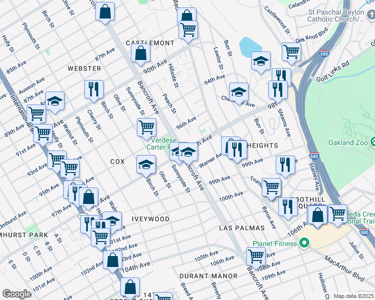 map of restaurants, bars, coffee shops, grocery stores, and more near in Oakland