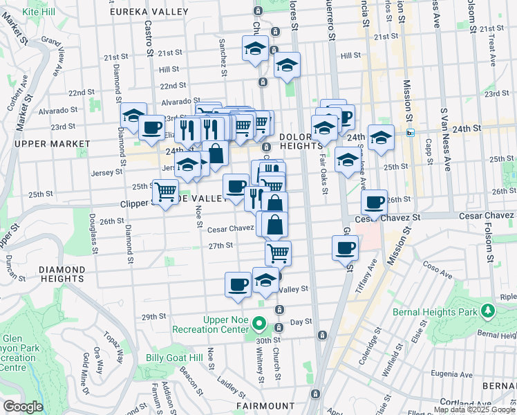 map of restaurants, bars, coffee shops, grocery stores, and more near 155 Clipper Street in San Francisco