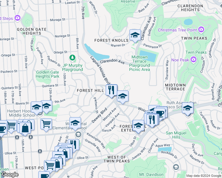map of restaurants, bars, coffee shops, grocery stores, and more near 2 Plaza Street in San Francisco