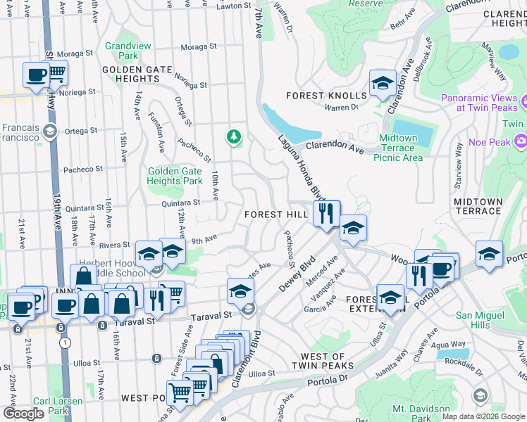 map of restaurants, bars, coffee shops, grocery stores, and more near 351 Pacheco Street in San Francisco