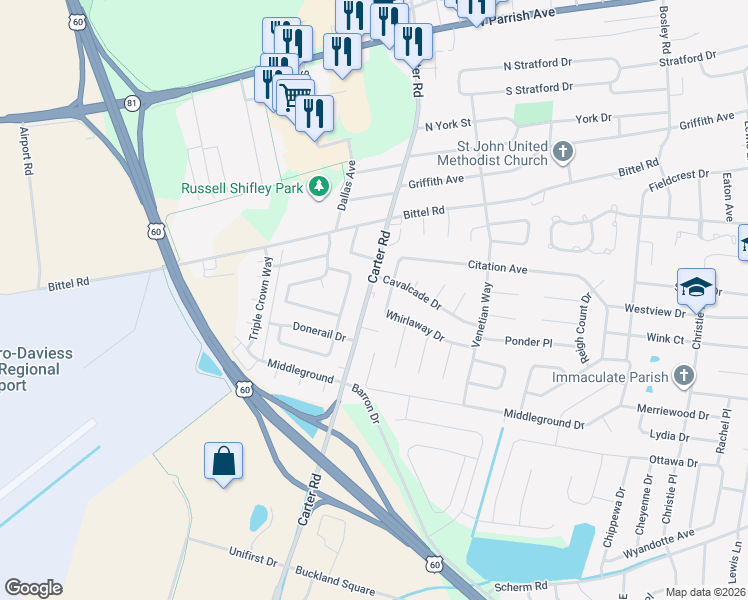map of restaurants, bars, coffee shops, grocery stores, and more near 2306 Whirlaway Drive in Owensboro