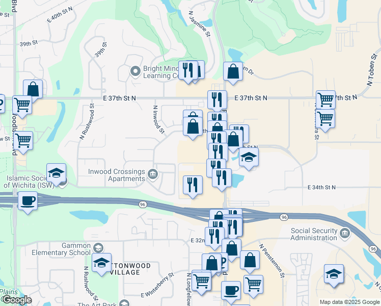 map of restaurants, bars, coffee shops, grocery stores, and more near 3615 N Rock Rd in Wichita