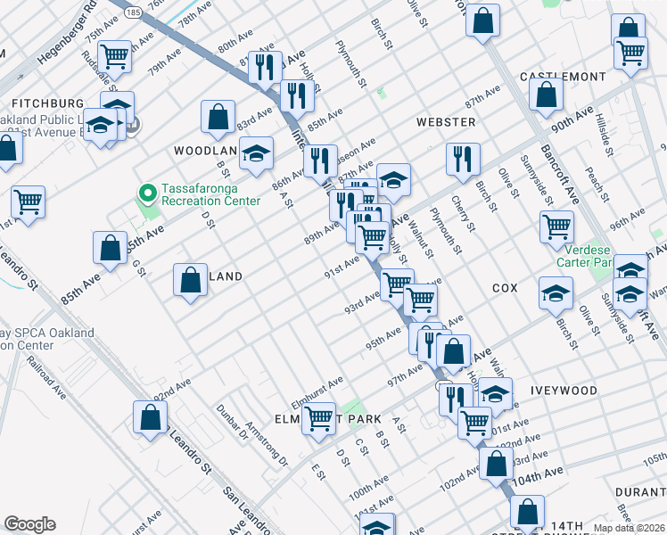 map of restaurants, bars, coffee shops, grocery stores, and more near 9028 A Street in Oakland