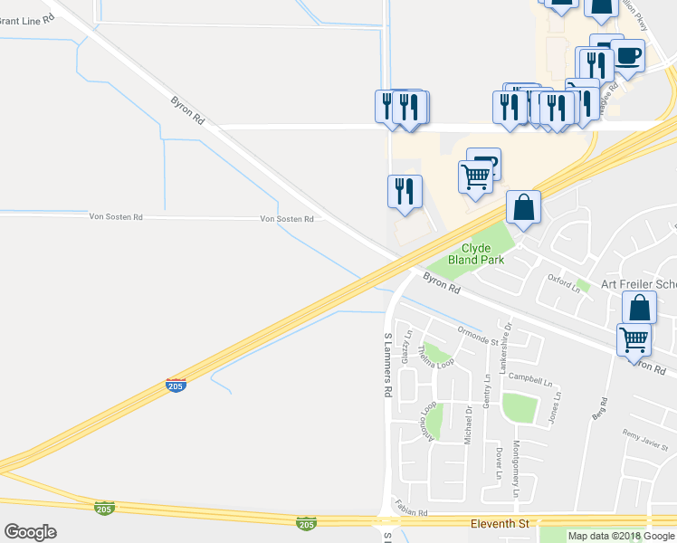 map of restaurants, bars, coffee shops, grocery stores, and more near 13650 Byron Road in Tracy