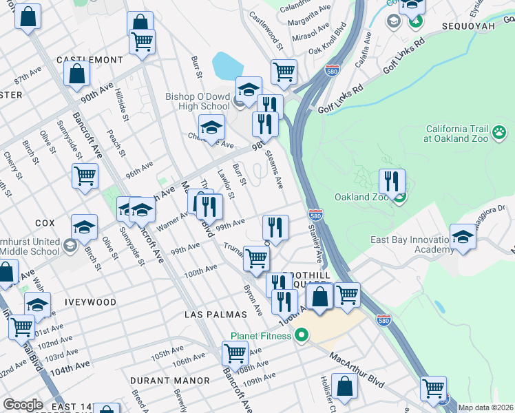 map of restaurants, bars, coffee shops, grocery stores, and more near 9890 Burr Street in Oakland