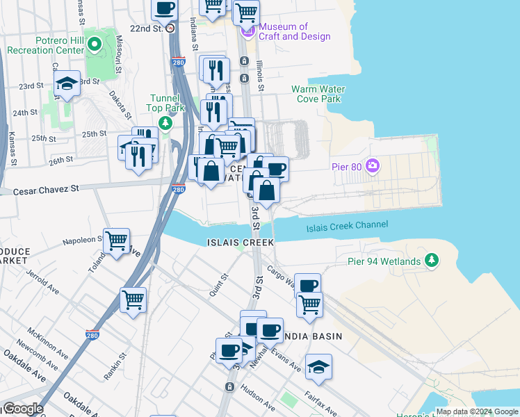 map of restaurants, bars, coffee shops, grocery stores, and more near 1828 Illinois Street in San Francisco