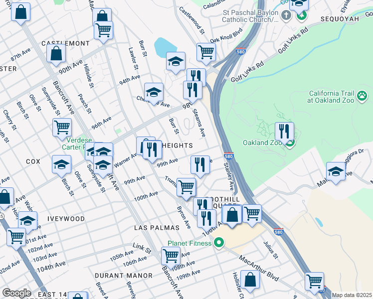 map of restaurants, bars, coffee shops, grocery stores, and more near 9890 Burr Street in Oakland