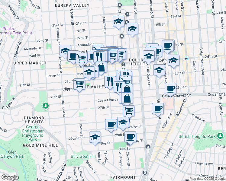 map of restaurants, bars, coffee shops, grocery stores, and more near 155 Clipper Street in San Francisco