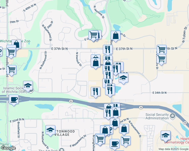 map of restaurants, bars, coffee shops, grocery stores, and more near 3561 North Rock Road in Wichita