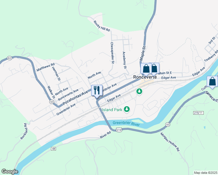 map of restaurants, bars, coffee shops, grocery stores, and more near 598 Greenbrier Ave in Ronceverte