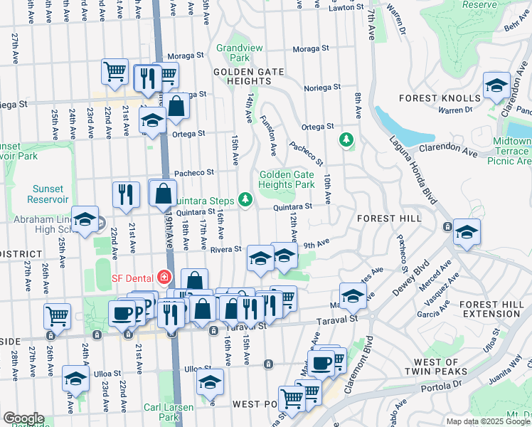 map of restaurants, bars, coffee shops, grocery stores, and more near 460 Quintara Street in San Francisco