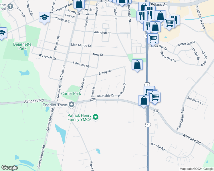 map of restaurants, bars, coffee shops, grocery stores, and more near 12 Cottontree Court in Ashland