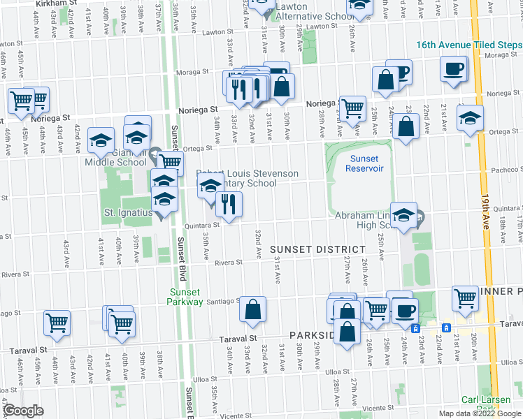 map of restaurants, bars, coffee shops, grocery stores, and more near 2066 32nd Avenue in San Francisco