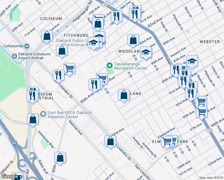 map of restaurants, bars, coffee shops, grocery stores, and more near 948 86th Avenue in Oakland