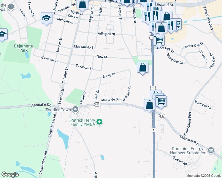 map of restaurants, bars, coffee shops, grocery stores, and more near 12 Cottontree Court in Ashland