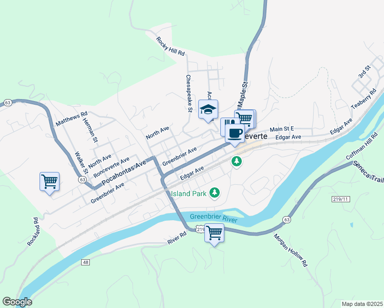 map of restaurants, bars, coffee shops, grocery stores, and more near 500-598 Greenbrier Avenue in Ronceverte