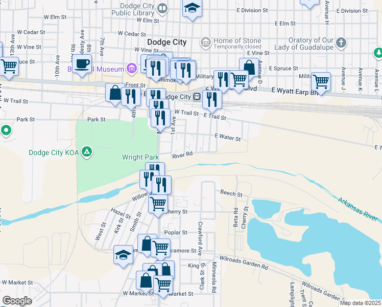 map of restaurants, bars, coffee shops, grocery stores, and more near River Road in Dodge City